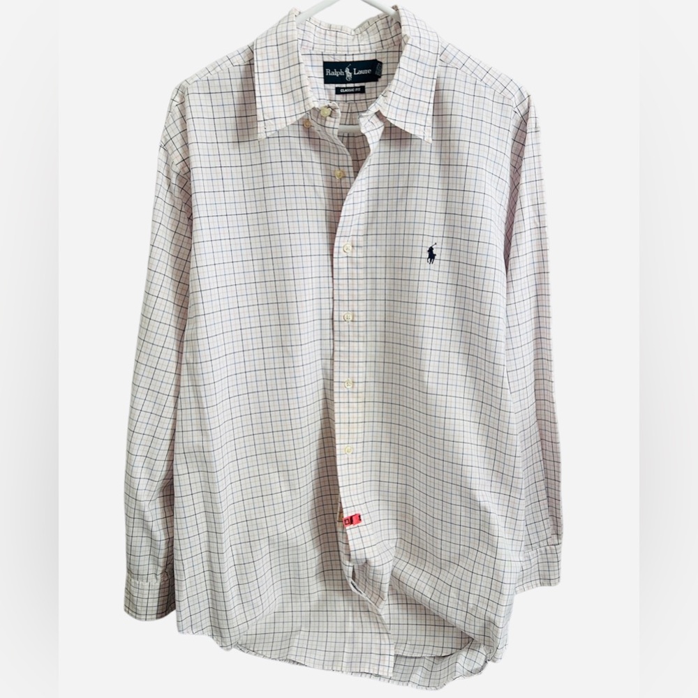 Men’s Ralph Lauren classic fit dress shirt, pink and blue checkered.  Size 17/Lg